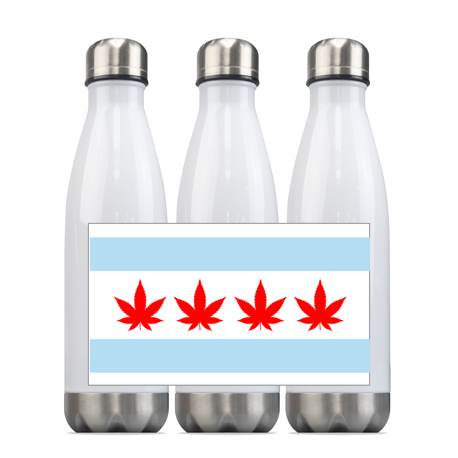 Chicago Flag Four Pot Leaves Slim Water Bottle