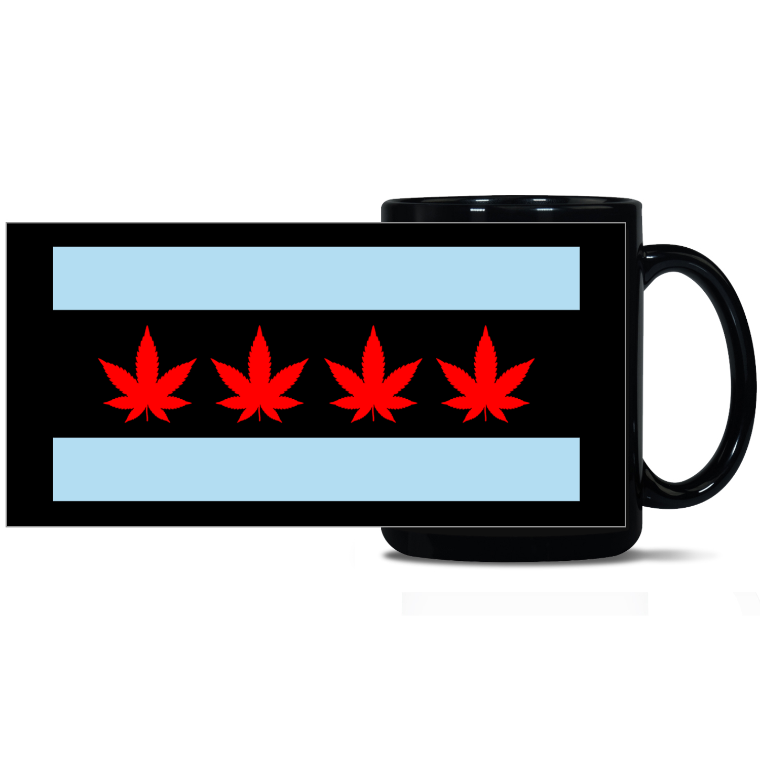 Chicago Flag Four Pot Leaf 15oz Black Patch Mug