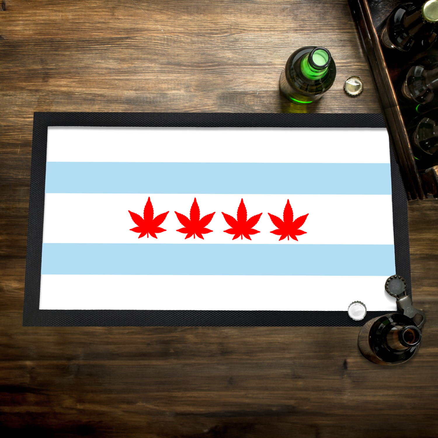 Chicago Flag Four Pot Leaf Bar Mat