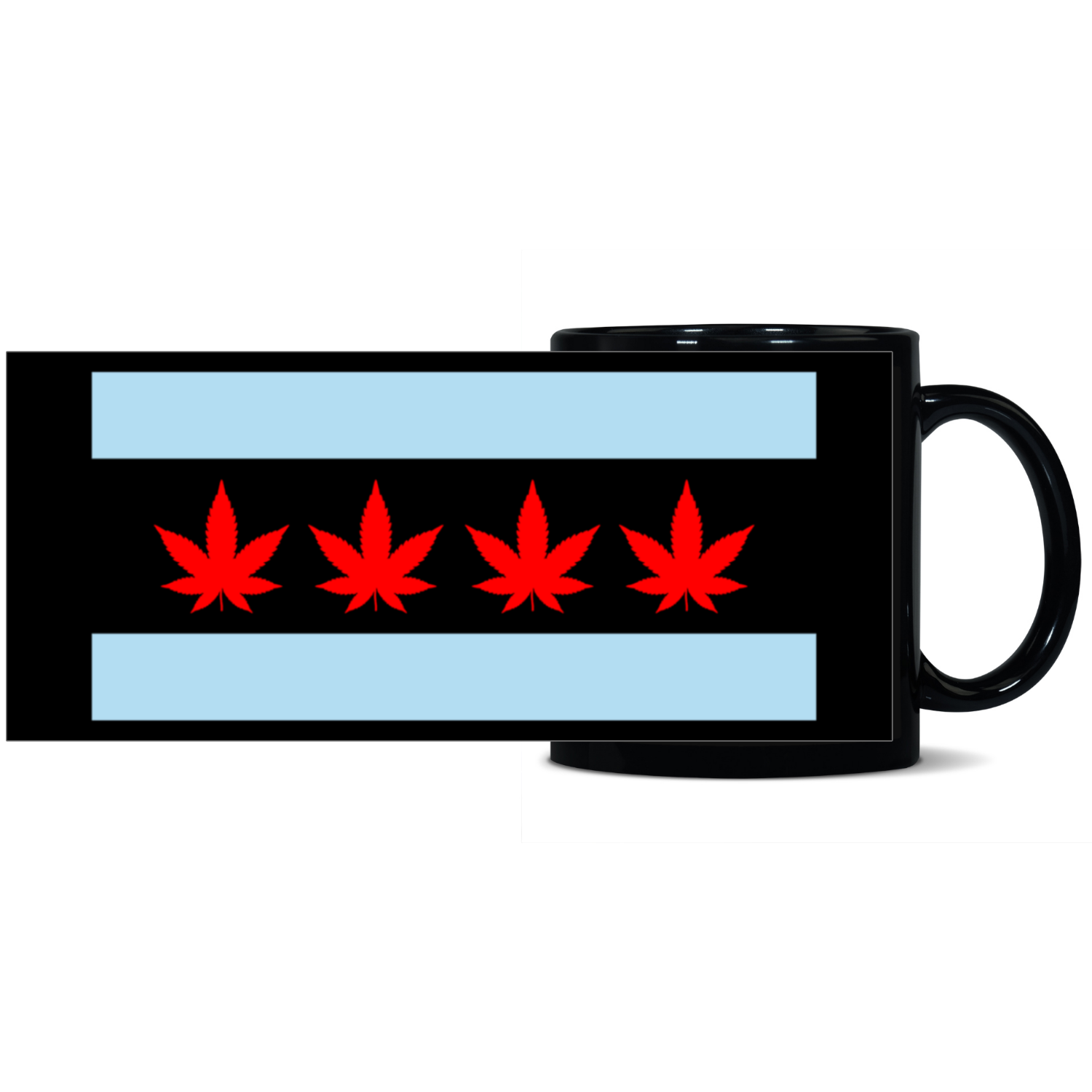 Chicago Flag Four Pot Leaf 11oz Black Patch Mug